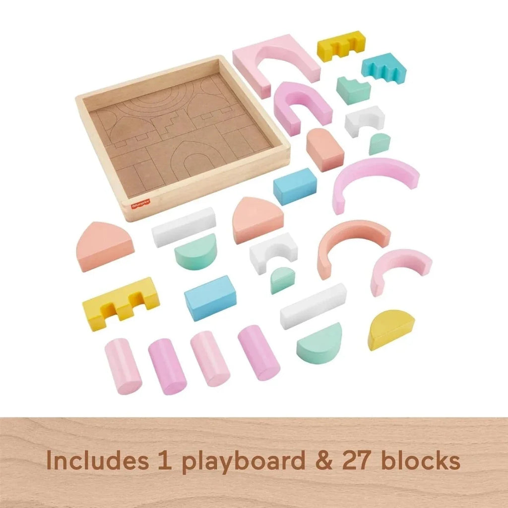Playboard and 27 pastel wooden blocks, including arches, curves, and block connectors