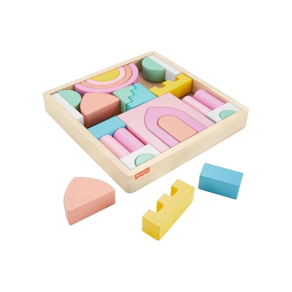 Wooden castle block playboard with pastel curved pieces and arch details