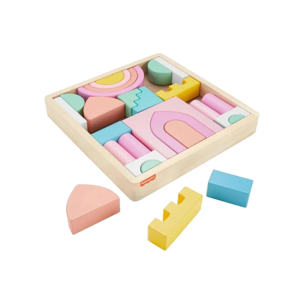 Wooden castle block playboard with pastel curved pieces and arch details