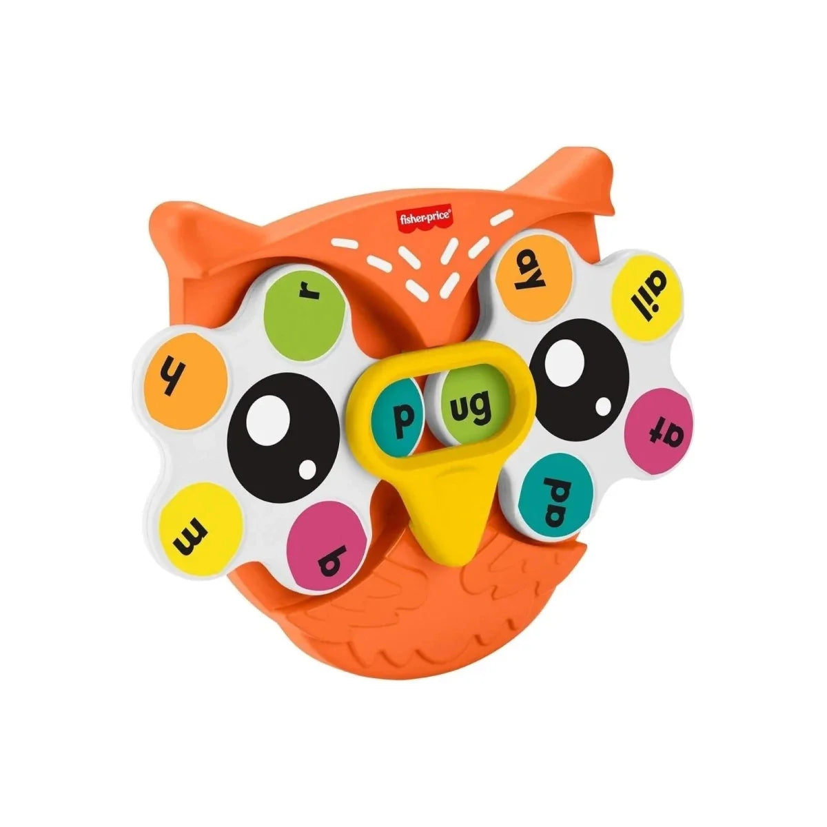 Orange owl-shaped fidget spinner toy with colorful letter buttons
