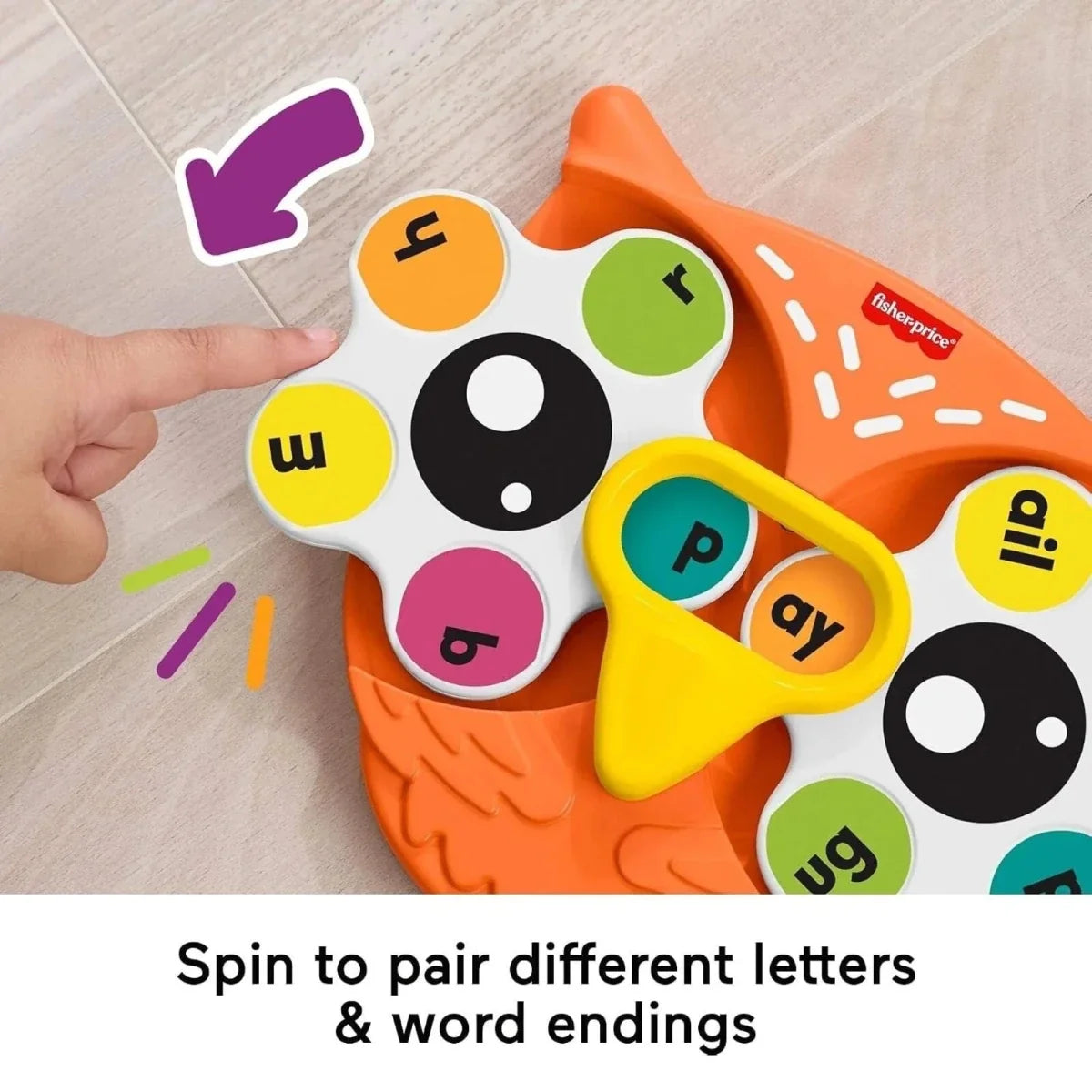 Orange owl fidget spinner toy with raised letter pads and yellow arm