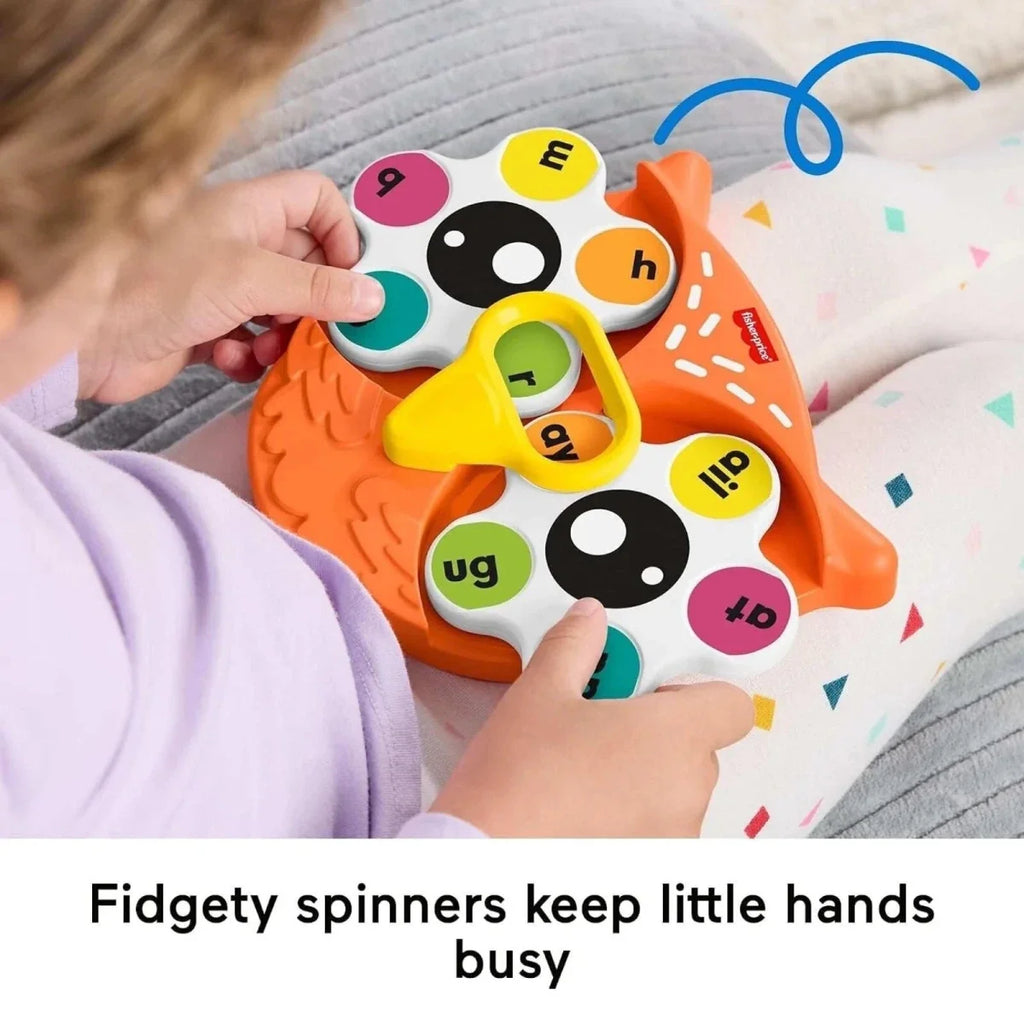 Orange owl letter fidget spinner toy with yellow handle and pressable buttons