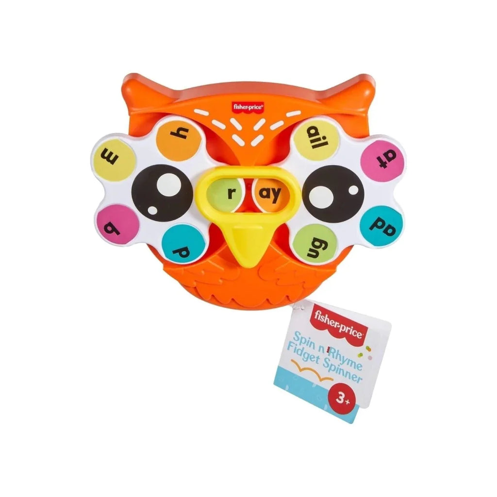 Orange owl-shaped fidget spinner toy with retail tag