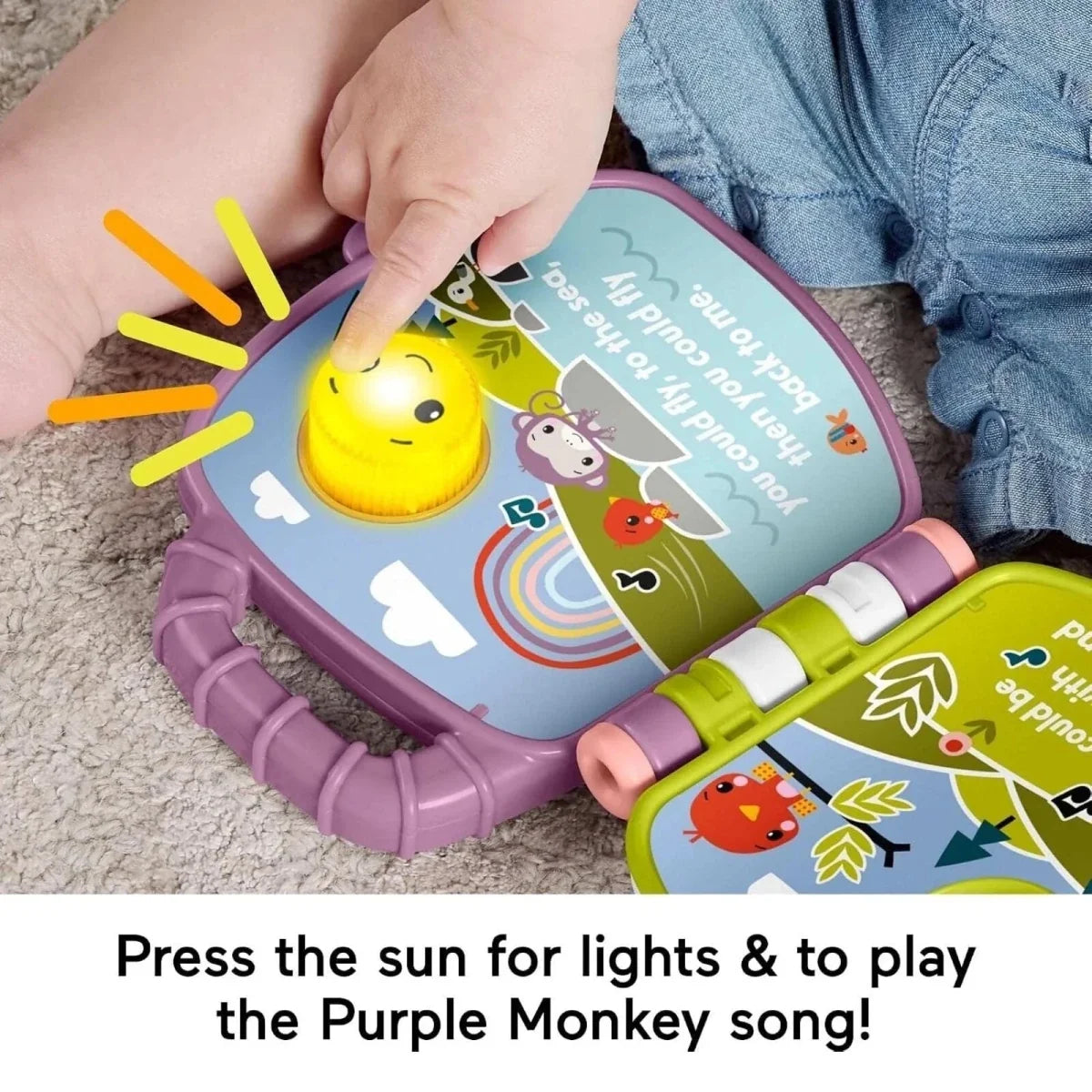 Purple open musical storybook with yellow sun light button and monkey-themed pages