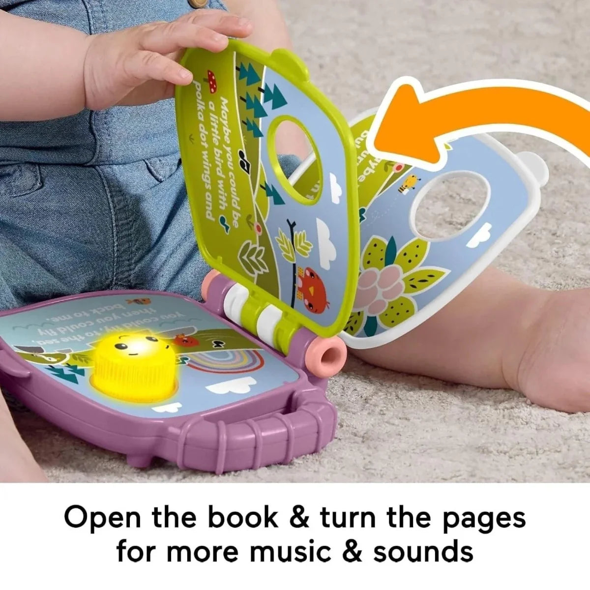 Purple musical storybook opened with green side grip for turning pages