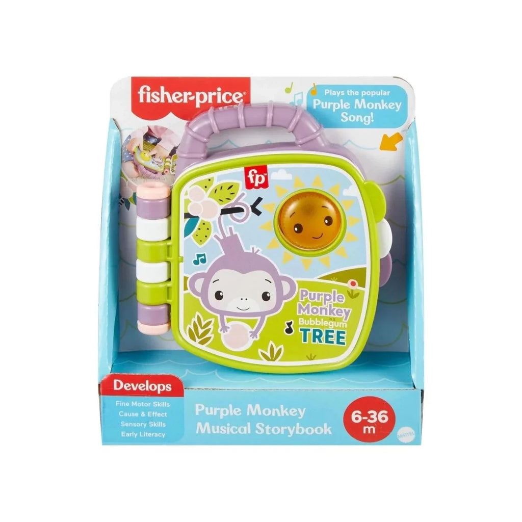 Fisher-Price Purple Monkey musical storybook in retail package, purple and yellow