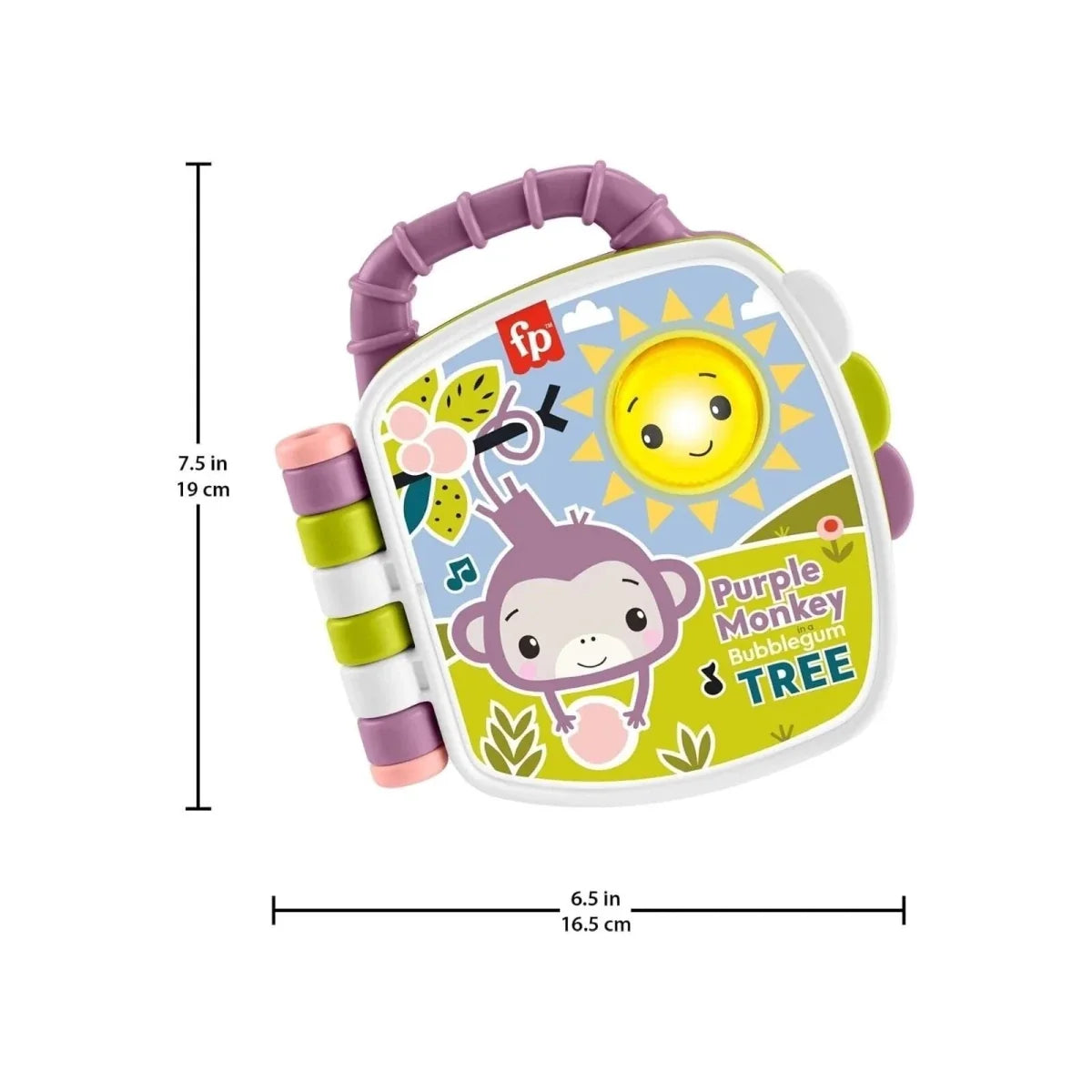 Purple musical storybook with handle, 6.5 in wide and 7.5 in tall