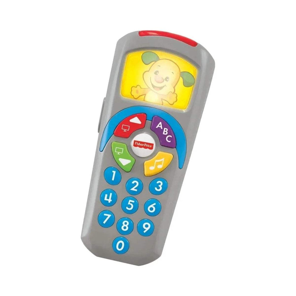 Fisher-Price puppy learning remote with ABC and numbers buttons, gray and red top