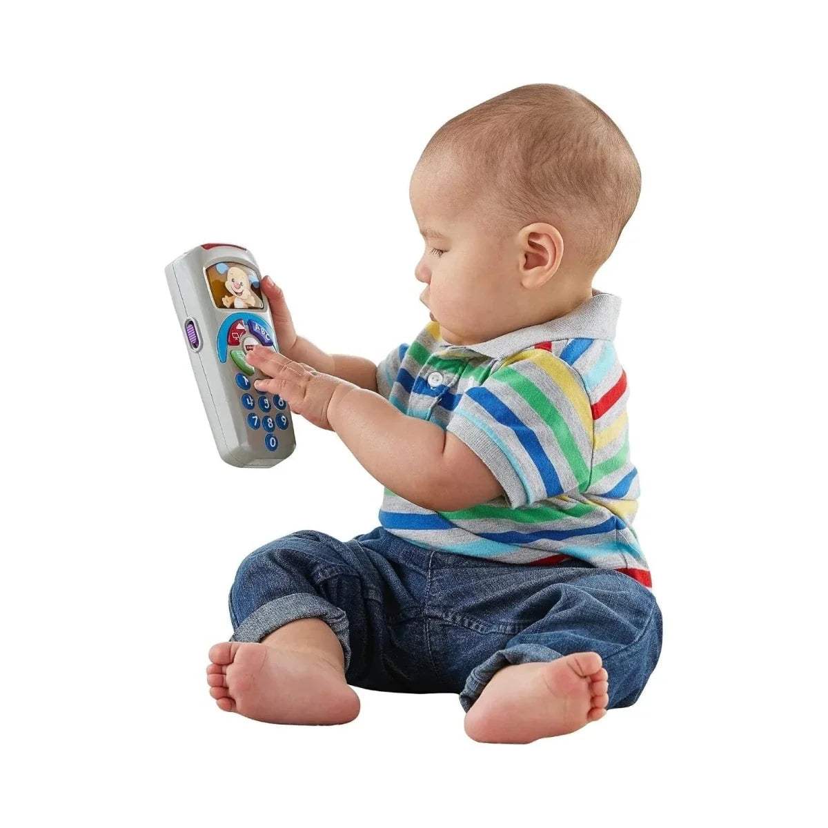 Fisher-Price puppy learning remote held by baby, gray body with colorful ABC and number keys