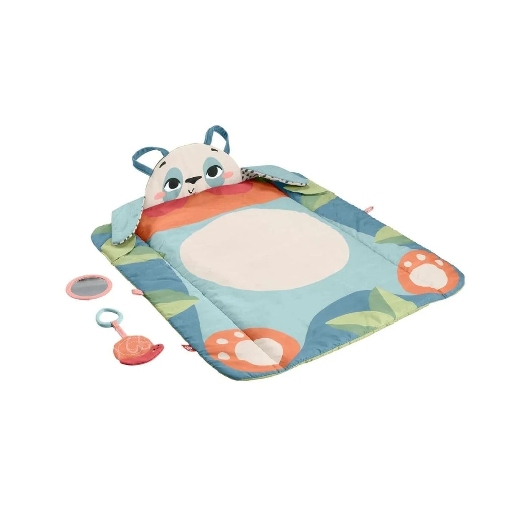 Panda playmat with soft animal face panel and attached hanging toys, blue and green