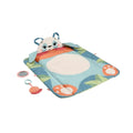 Panda playmat with soft animal face panel and attached hanging toys, blue and green