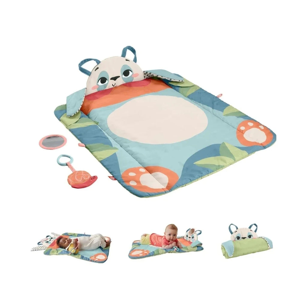 Panda playmat set with fold-out mat and compact rolled option, blue and green