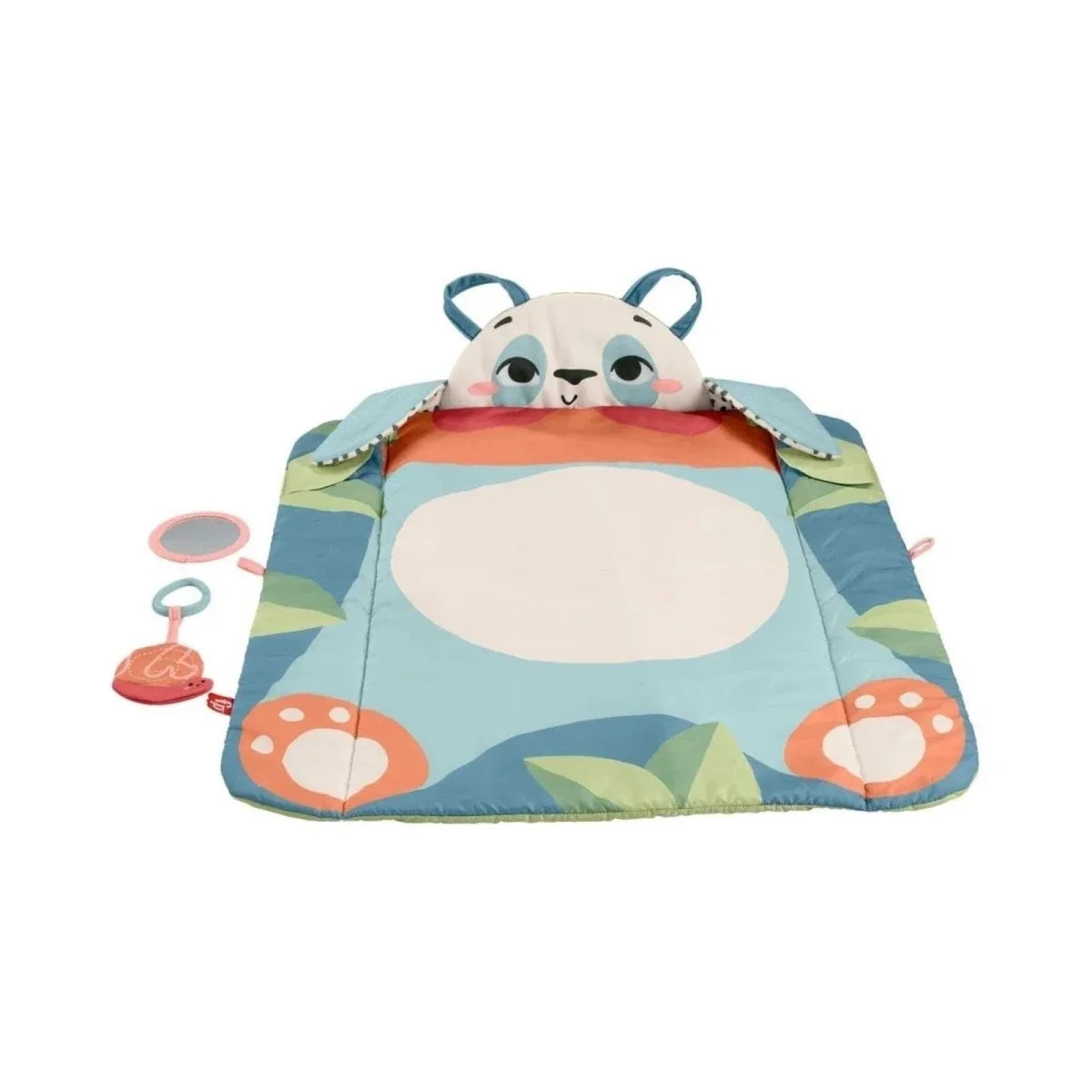 Panda playmat with centered face panel and two side panda foot prints, blue and green