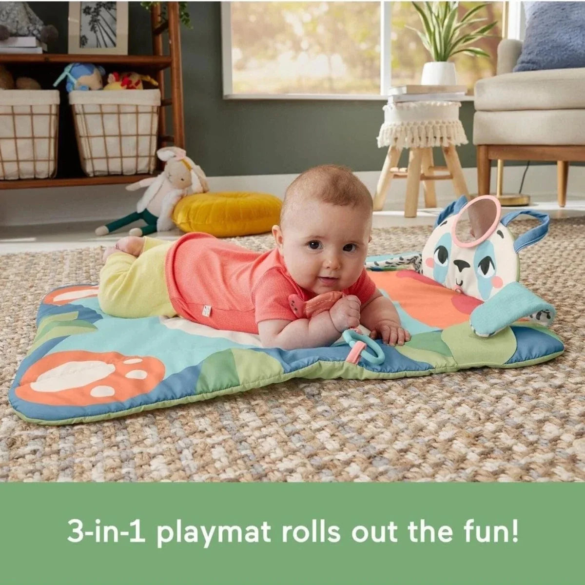 Baby on panda playmat with high-contrast tummy panel and hanging toy ring