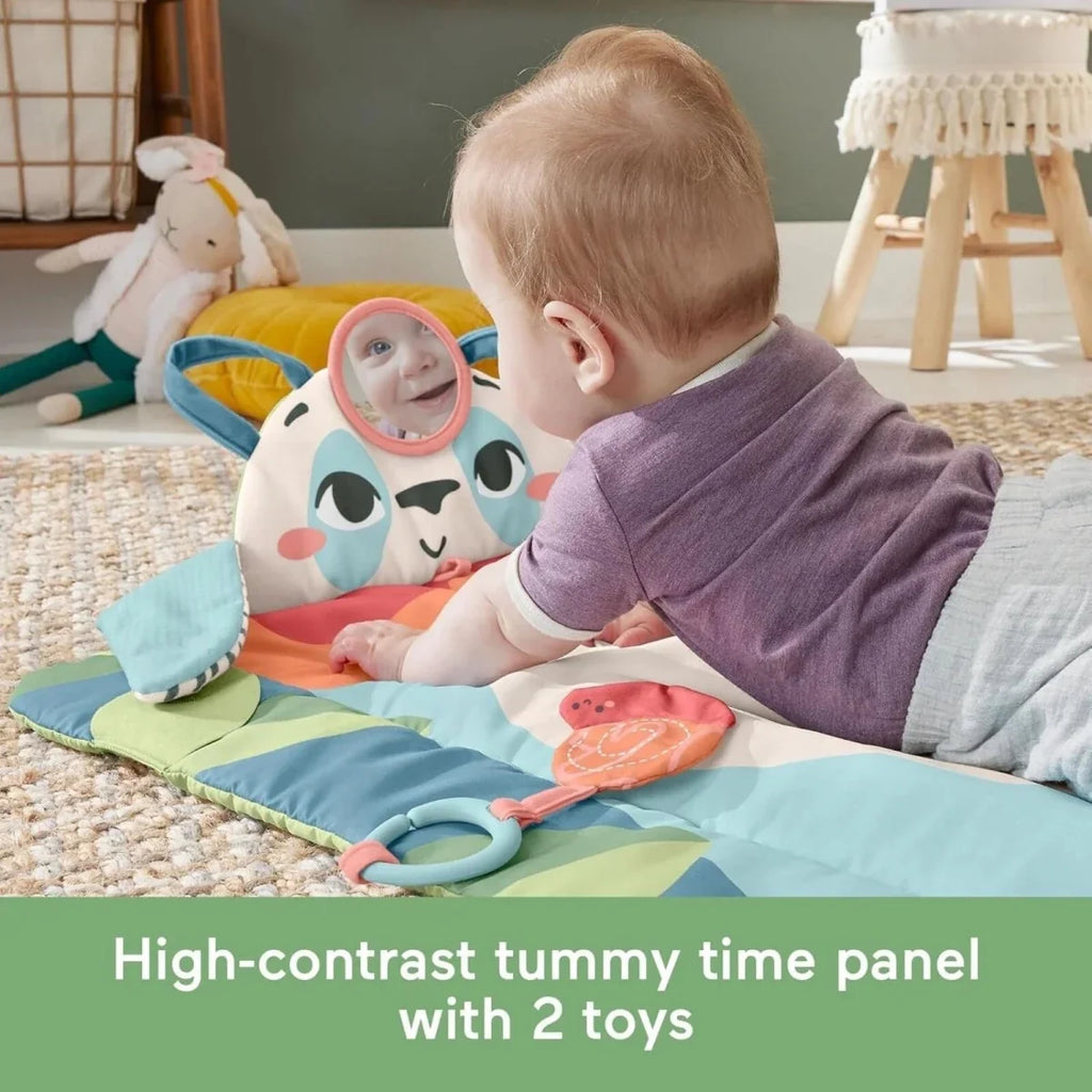 Panda tummy-time panel playmat with toy ring and two attached character toys