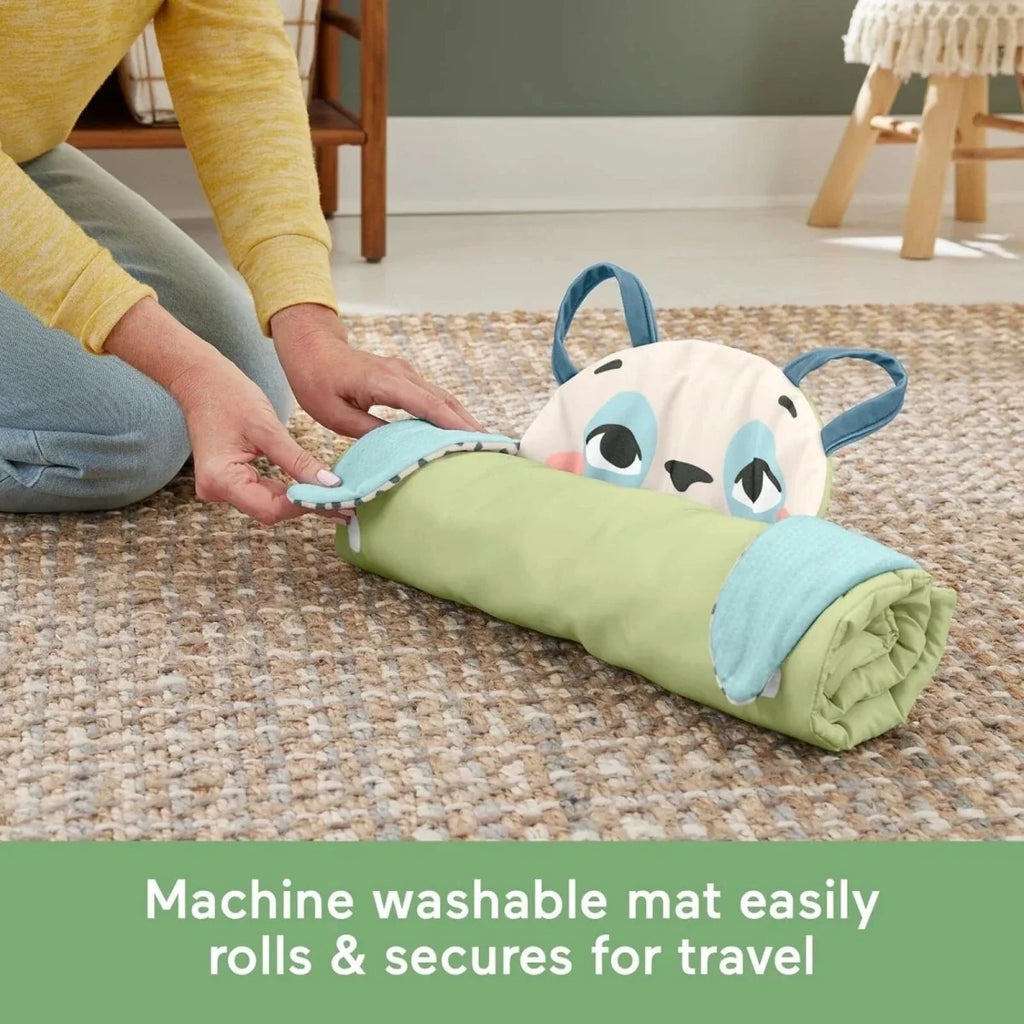 Rolled panda playmat with carry handle and character head detail, blue and green