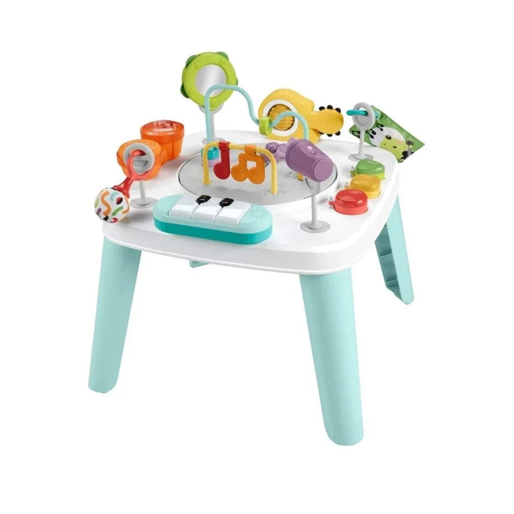 3-in-1 baby activity centre with white tabletop, teal legs, and colorful toy attachments