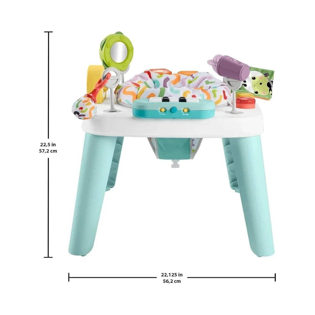 Baby activity centre table with white top, teal legs, and colorful rotating toy attachments