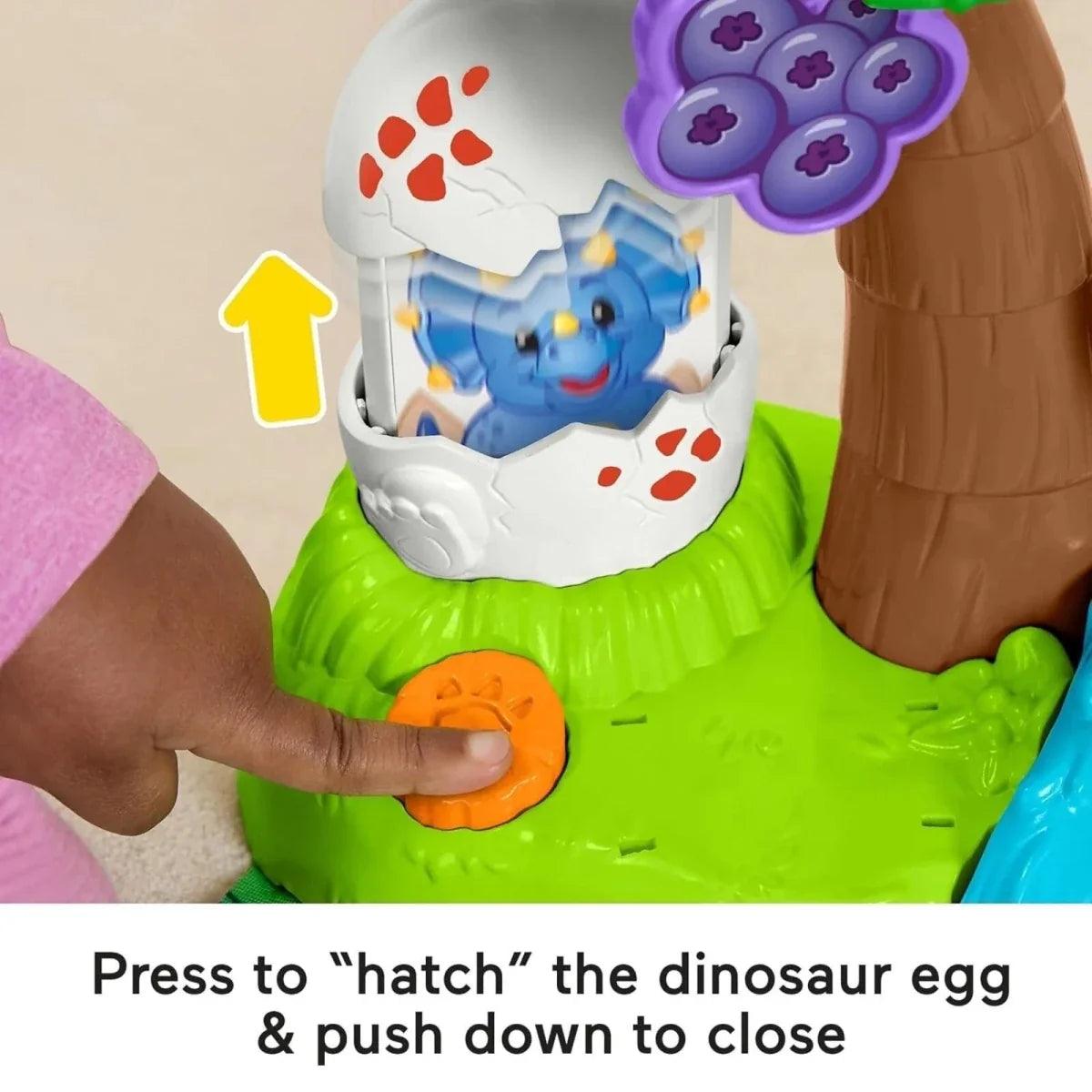 Dinosaur egg hatching feature with blue dino and purple egg top