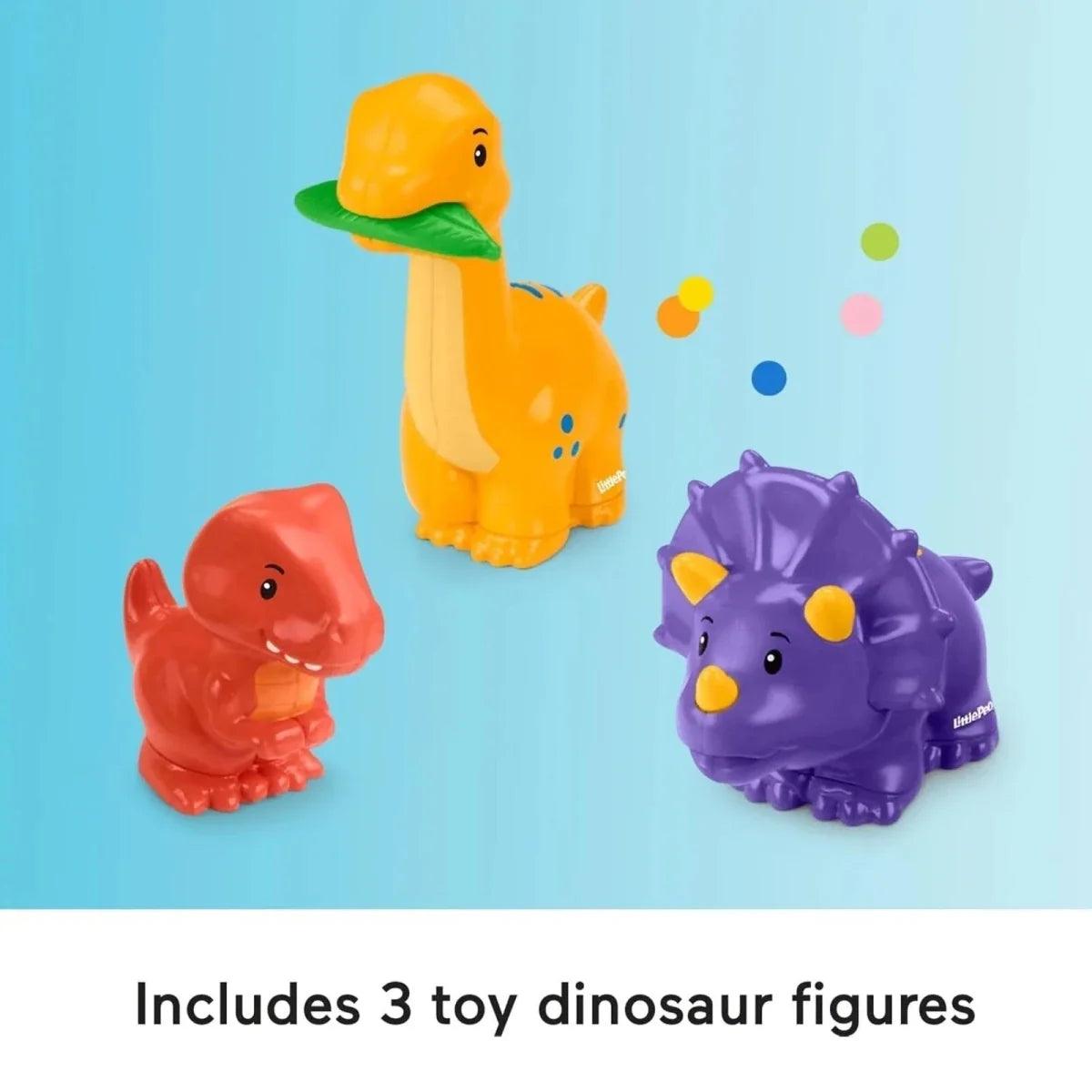 Three dinosaur toy figures: orange, yellow, and purple spiky dinosaur