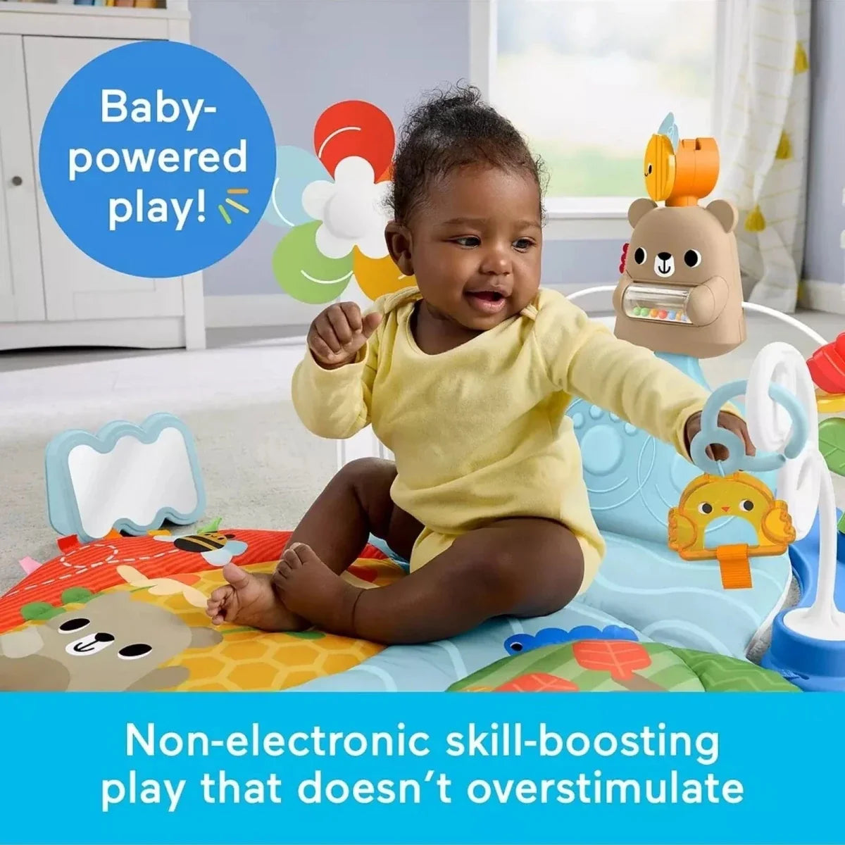 Baby activity gym with blue mat, arched mobile toys, and animal console