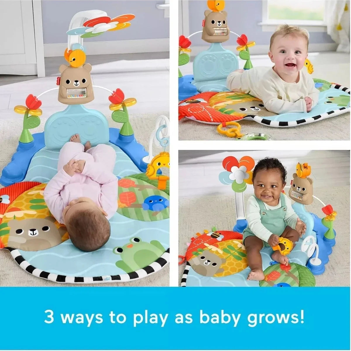 Baby activity gym with hanging toy arches and oval mat where babies play