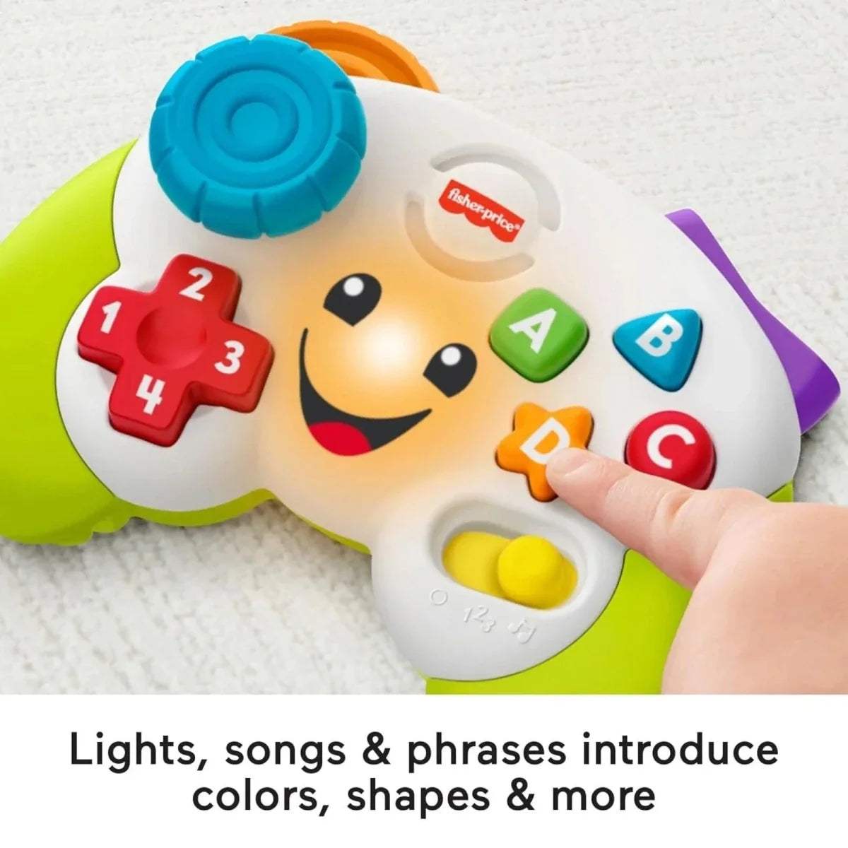 Green and white panda-themed learning controller with number keypad and A–D letter buttons