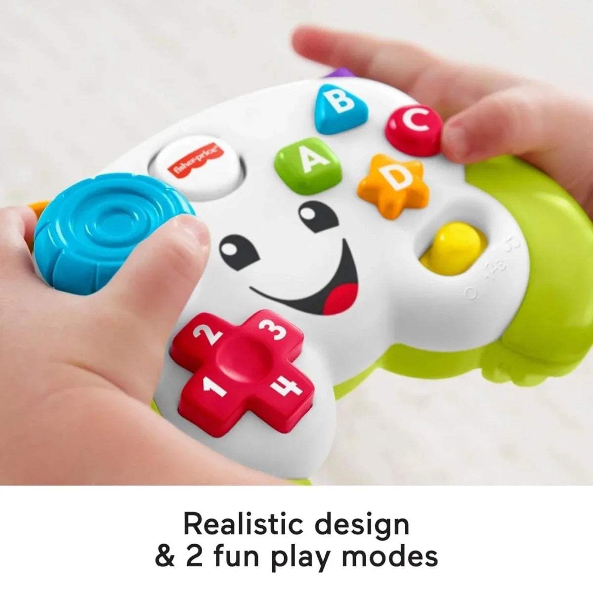 Panda learning controller with blue circular button and red number keys under hands