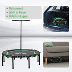 Foldable mini trampoline with long handle for storage, with mat and green elastic rope