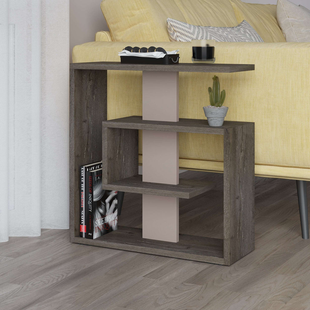 3-tier side end table with dark wood finish and white center shelf panels