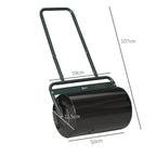 Dark green lawn roller with black cylinder drum and visible size measurements