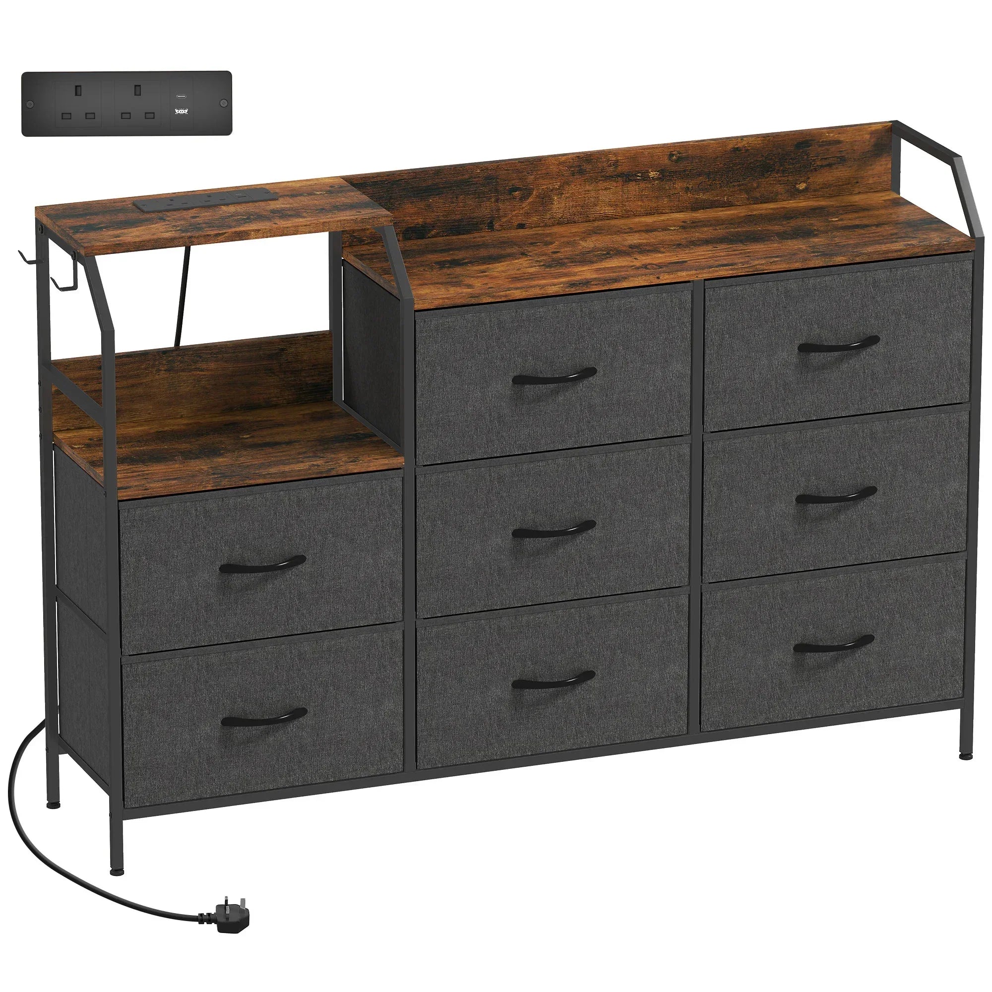 Chest of Eight Drawers, with Charging Station - Brown/Black - Bobobiy