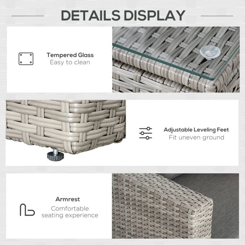 Tempered glass tabletop, adjustable leveling feet, and padded armrest on sofa