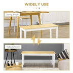 Versatile wood bench for dining or entryway with white frame and pine top.