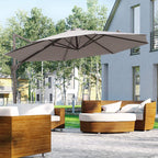 Grey cantilever garden parasol over outdoor seating with dark canopy