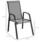 Black mesh seat stackable chair with metal frame, armrests, and curved legs.