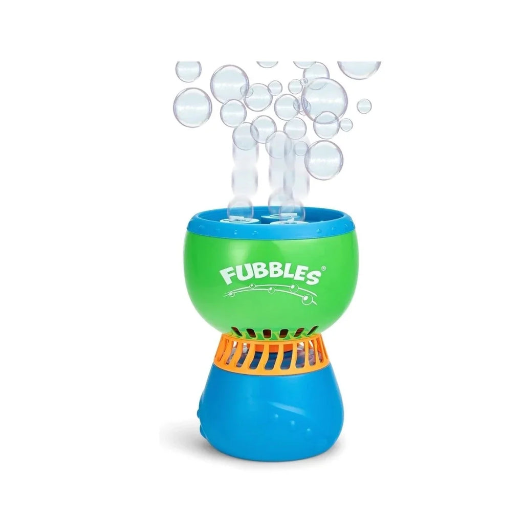 No-spill bubble machine with green top, blue base, and orange bubble outlet