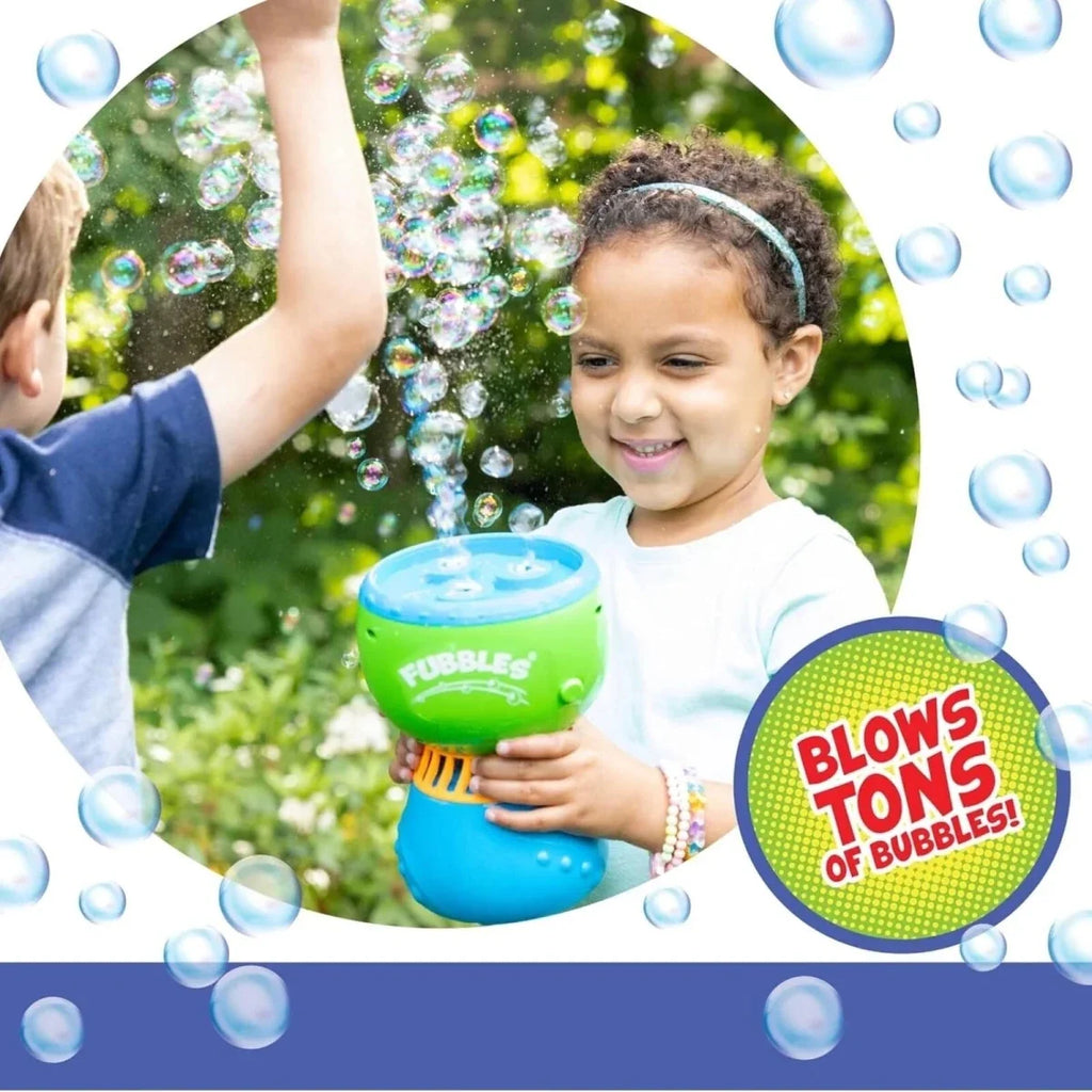 No-spill bubble machine held by a child, spraying bubbles in outdoor play
