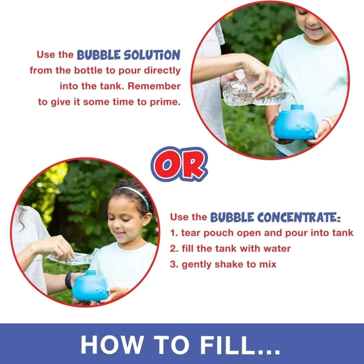 Child pouring bubble solution into a blue no-spill bubble machine