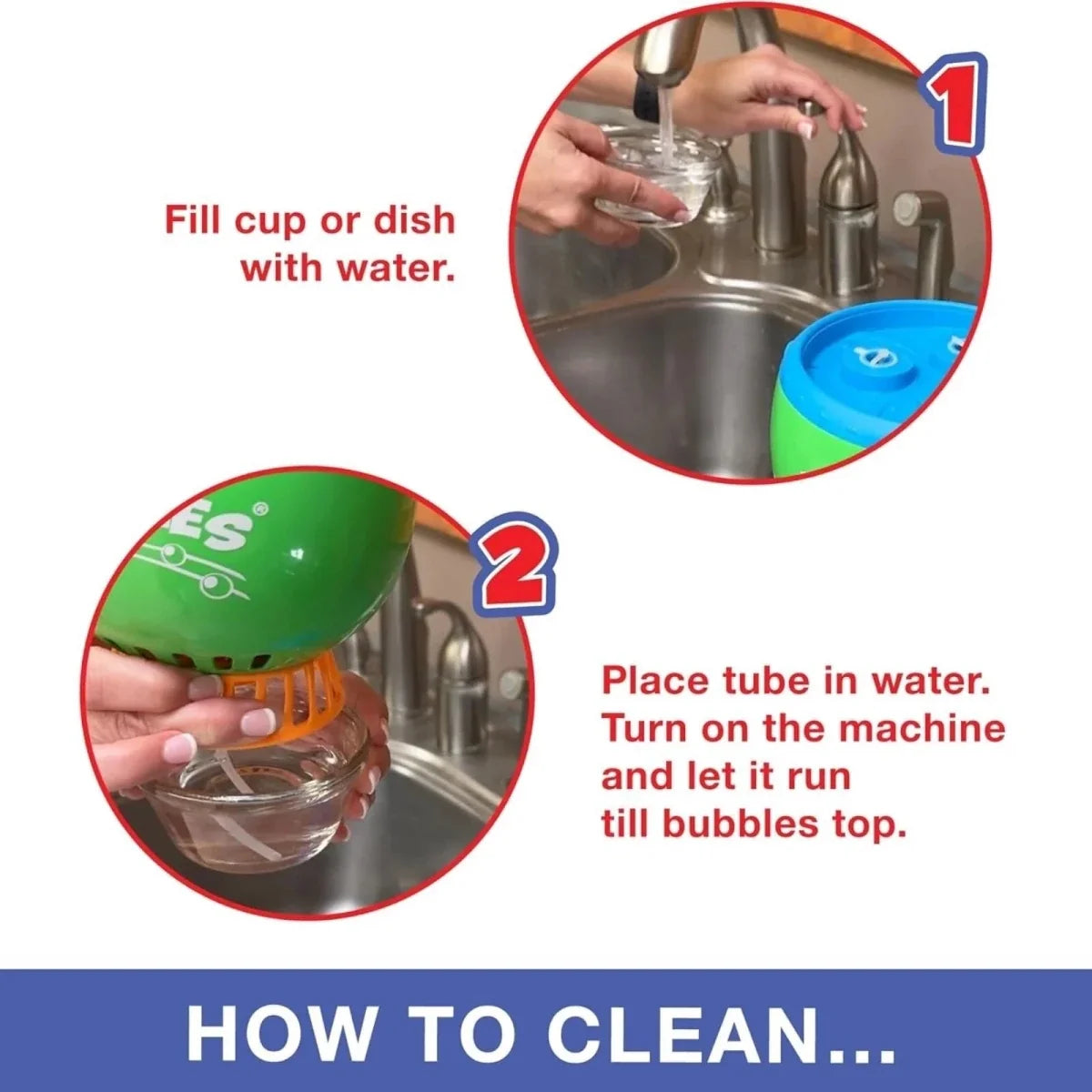 Child filling water for a no-spill bubble machine with green tank and tube