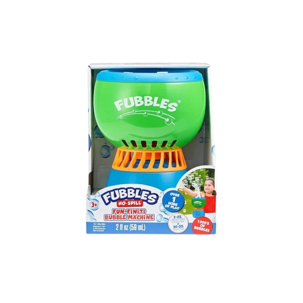 Fubbles no-spill fun-finiti bubble machine boxed with green tank and blue base