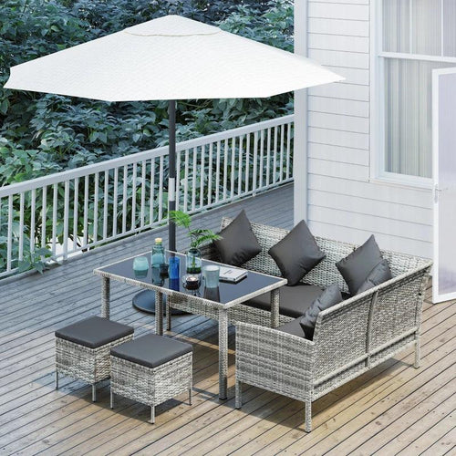 tsunny 6-Seater Rattan Dining Set Sofa Table Footstool Outdoor w/ Cushion Garden Furniture, Dark Grey