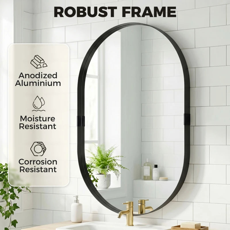 Black oval wall mirror with robust aluminum frame; moisture and corrosion resistant