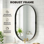 Black oval wall mirror with robust aluminum frame; moisture and corrosion resistant