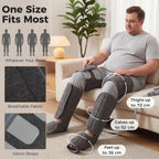 Grey leg massager with Velcro straps, one-size sleeves for calves and feet
