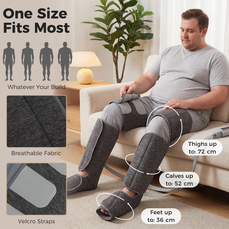 Grey leg massager with Velcro straps, one-size sleeves for calves and feet