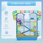 Blue 5-tier play area cage with two platforms, ladder, and tube tunnel