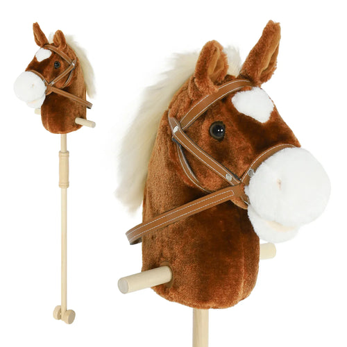 Brown plush pony stick horse toy with wooden handle and wheels, saddle harness detail