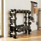 Black 4-tier dumbbell rack with tiered pegs and weights, standing against wall