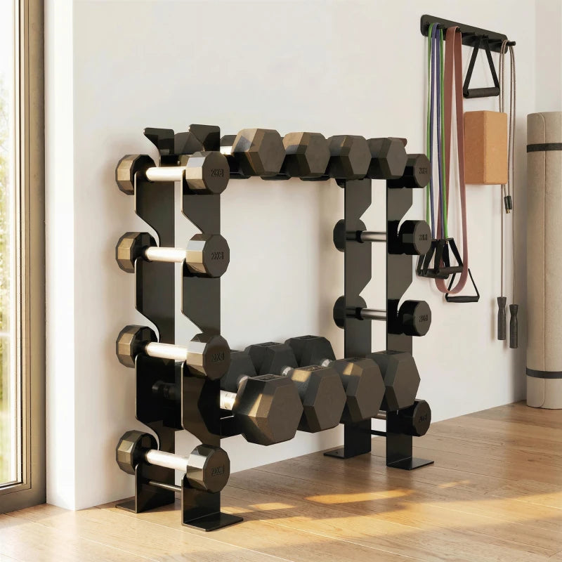 Black 4-tier dumbbell rack with tiered pegs and weights, standing against wall